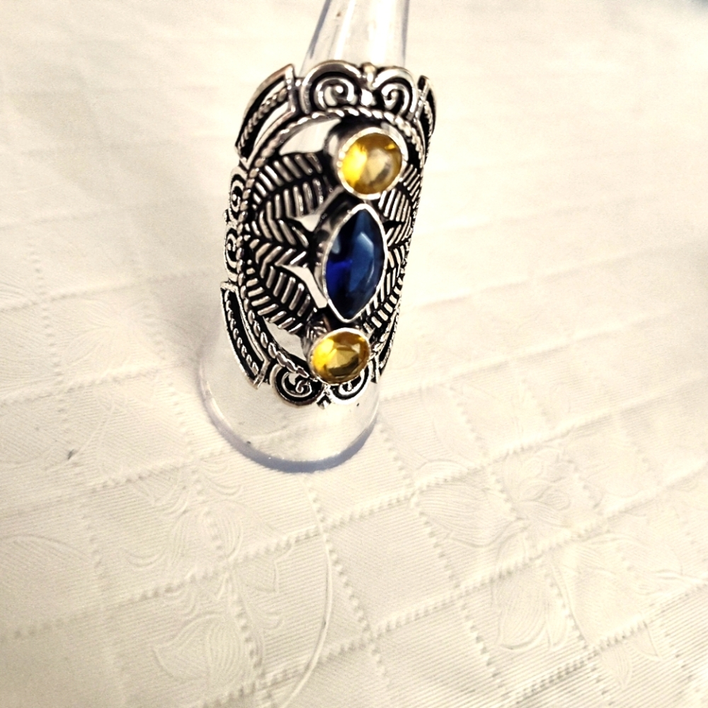 925 Sterling Silver Plated Stone Bohemian Bali Ring